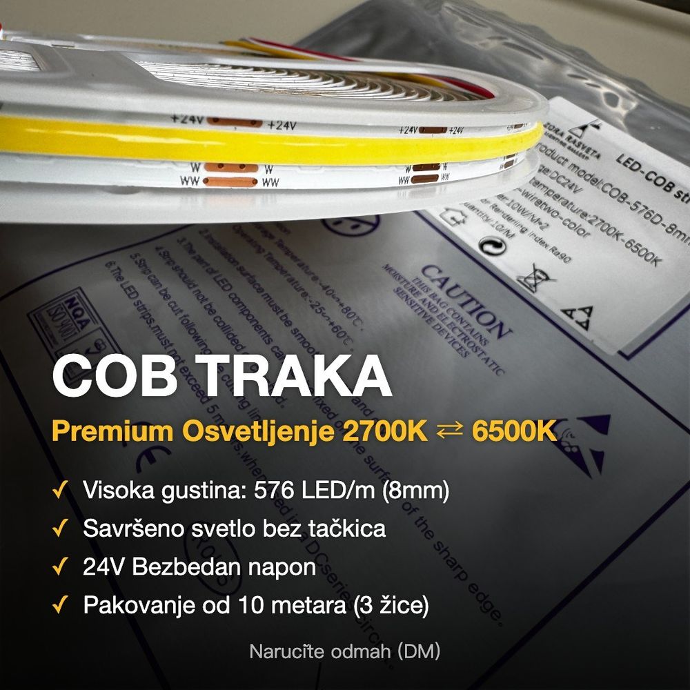 COB LED traka CCT 2700–6500K, 24 V, 576 LED/m